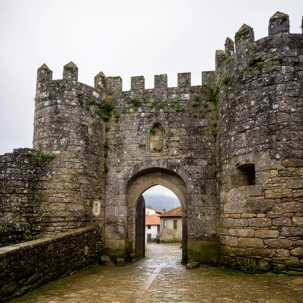Portão de castelo medieval em aldeia histórica