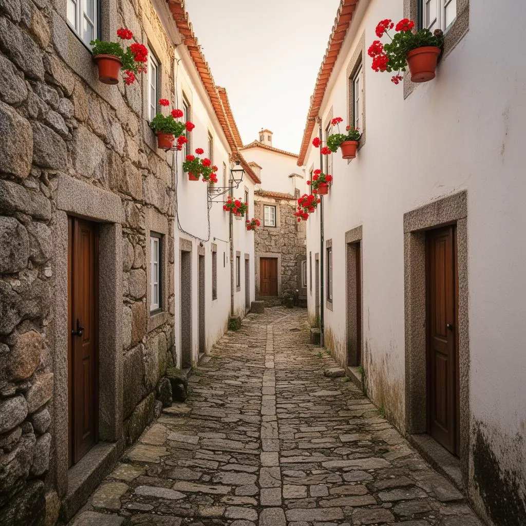Rua de pedra com casas tradicionais em aldeia portuguesa